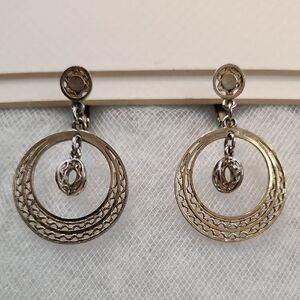 Vintage Silve-Toned Double Hoop Dangle Clip-On Earrings Ornate Filigree